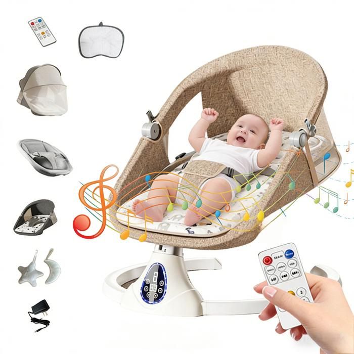 Balancelle Électrique pour Bébé de la Naissance à 24 Mois 3 Positions Dassise 5 Modes de Balançoire Télécommande et Musique