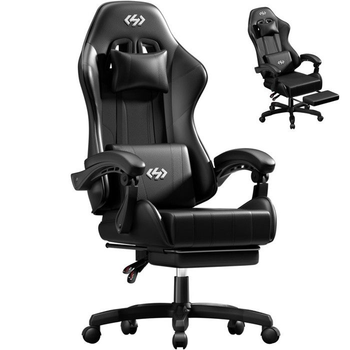 EcoFurnix - Chaise Gaming Ergonomique avec Appuie-tête et repose-pieds - Inclinable 90°-135° - Support Lombaire - Noir