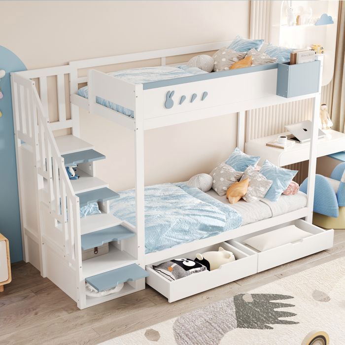 Lit superposé enfant 90x200 cm – Blanc et bleu – Échelle rangement tiroirs étagère amovible