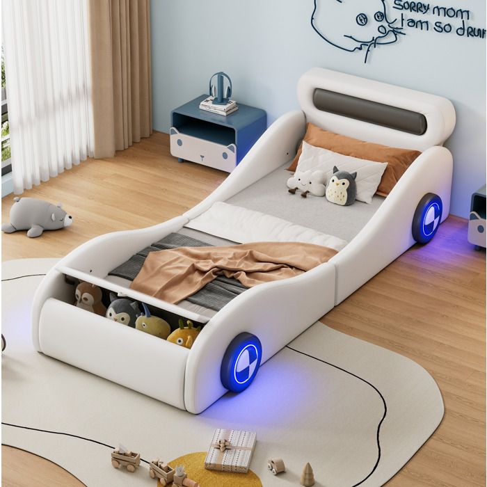 Lit enfant voiture blanc 90 × 200 avec roues LED rangement sans matelas