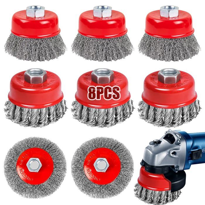 Lot de 8 brosses métalliques Caiery M14 75/100 mm – tasses bouclées et disques nettoyage et décapage