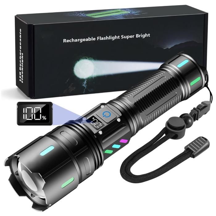 Lampe Torche LED Ultra Puissante 1000000 Lumens - Rechargeable avec Batterie 5000mAh Affichage LCD De La Puissance5 Modes Zoomable