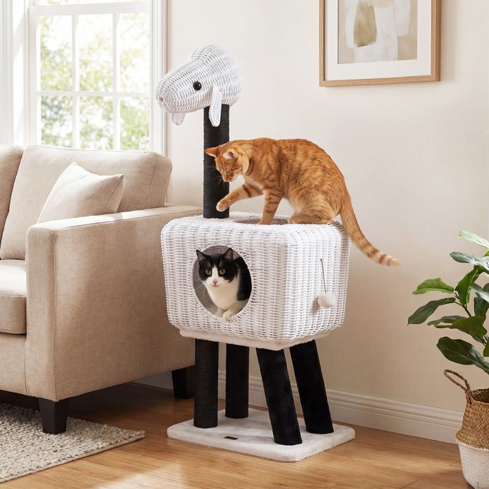 Arbre à Chat Multi-Niveaux 110 cm COSTWAY en Rotin PE Forme Mouton Condo Spacieux Griffoirs en Sisal Coussin Lavable et Pompon Arbre à Chat Multi-Niveaux 110 cm COSTWAY en Rotin PE Forme Mouton Condo Spacieux Griffoirs en Sisal Coussin Lavable et Pompon
