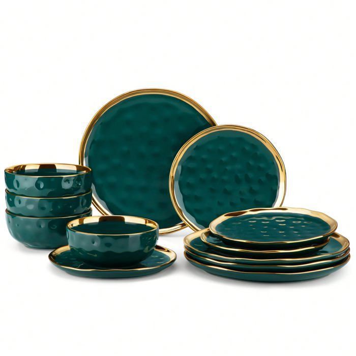 LOVECASA 12pcs Vert foncé Bords Plaqués Or - Rehaussent leffet Brillant avec Ensemble Assiettes et Bols - pour 4 Personnes