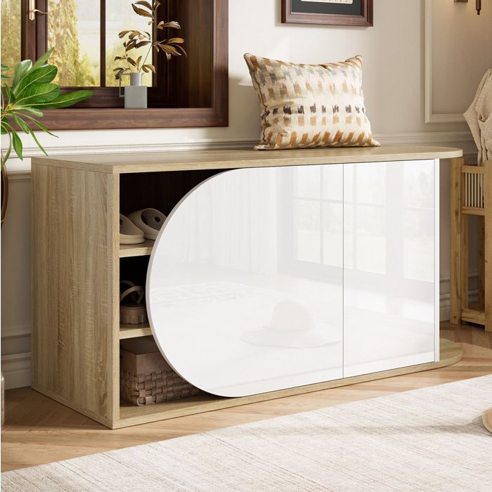 Meuble à chaussures et banc d’entrée style français 2 portes blanc brillant et décor bois 104 x 37 x 50 cm