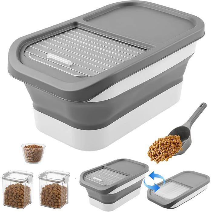 Conteneur à Croquettes pour Chien Chat 7 kg Boite Croquette Chien Pliable avec Tasse à Mesurer Cuillère 2 A Gris