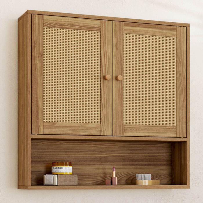 Meuble de rangement suspendu pour salle de bain HANAE 2 portes et étagère effet naturel cannage Meuble de rangement suspendu pour salle de bain HANAE 2 portes et étagère effet naturel cannage