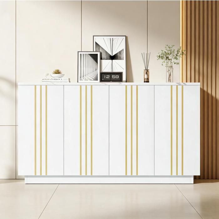 ROVRYN Buffet bas 4 portes 140 x 35 x 70 cm rangement avec étagères réglables blanc et or