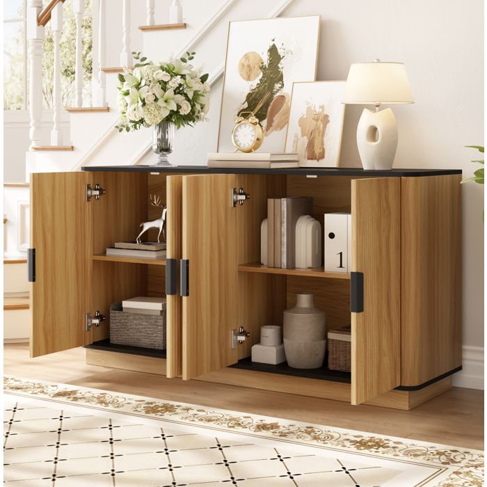 buffet bas 4 portes rangement fermé relief vertical aspect bois naturel 139 x 40 x 75 cm poignées aluminium ORVRYN