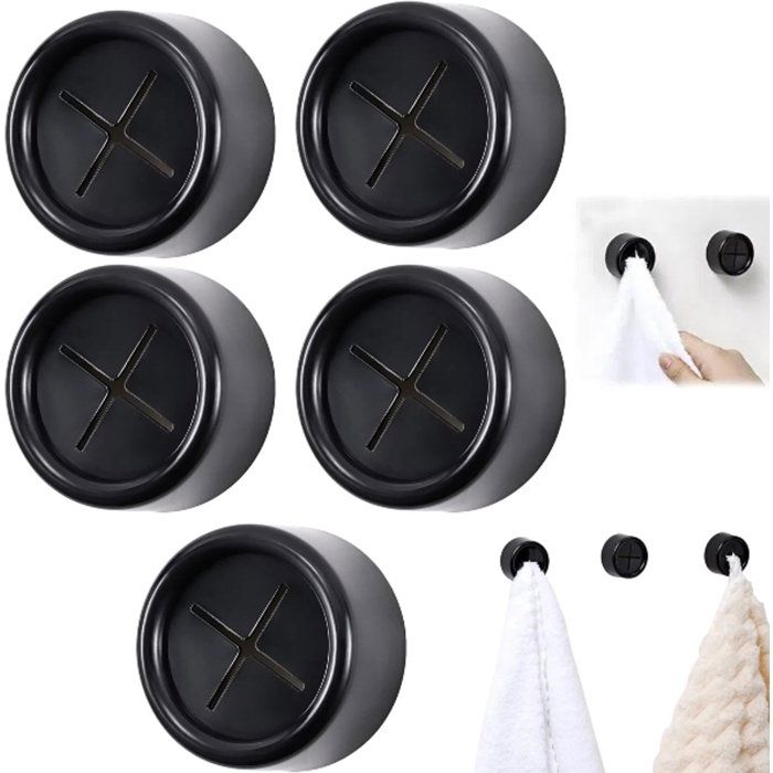 Lot de 5 Crochets Porte-Serviettes Auto-Adhésifs Sans Perçage Antidérapants Montage Mural Noir 42 x 42 mm