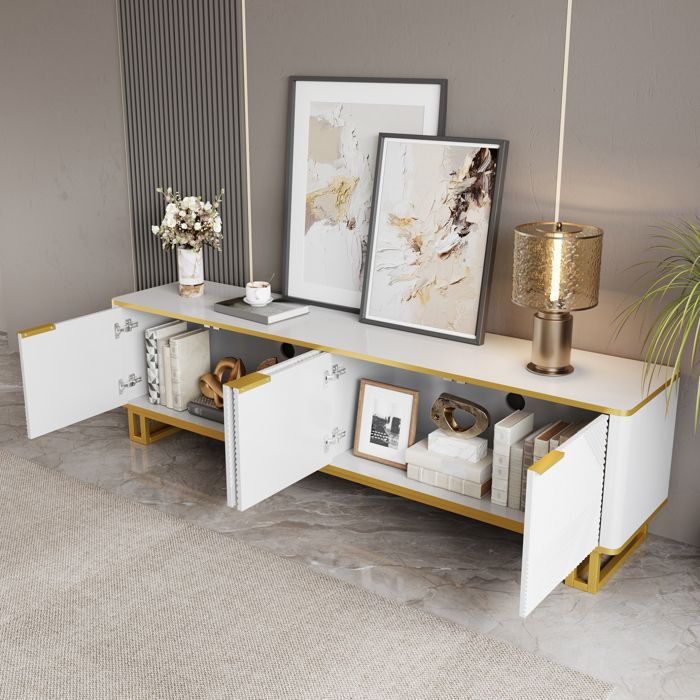 Meuble TV 4 Portes Blanc Et Or Banc TV Design FloraGrace Pour Salon Avec Passe-Cables Arriere 160x37 5x48cm