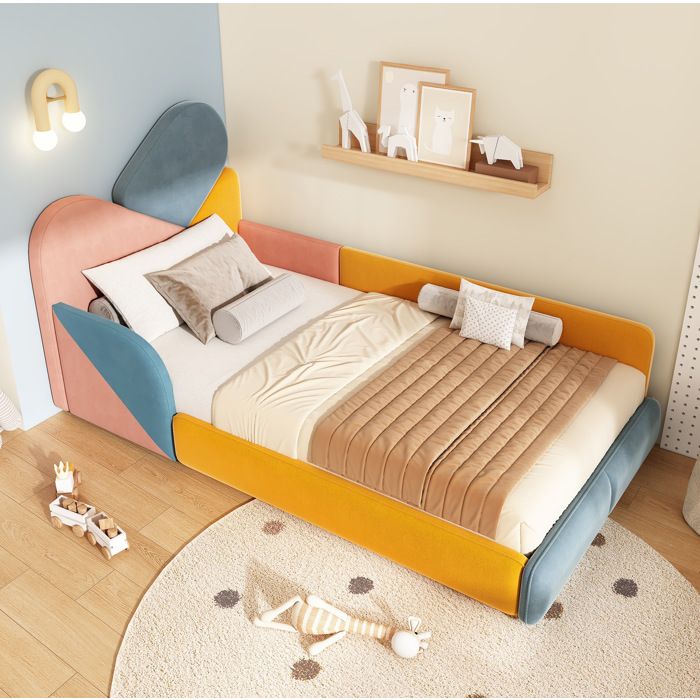 Lit enfant rembourré 90 x 200 cm EVRYAE multicolore sommier à lattes protection latérale velours