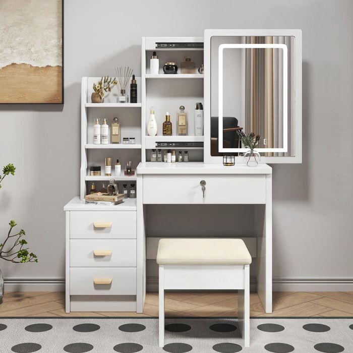VUENOR Coiffeuse 85 x 36 x 130 cm blanc avec miroir LED 3 couleurs et tabouret