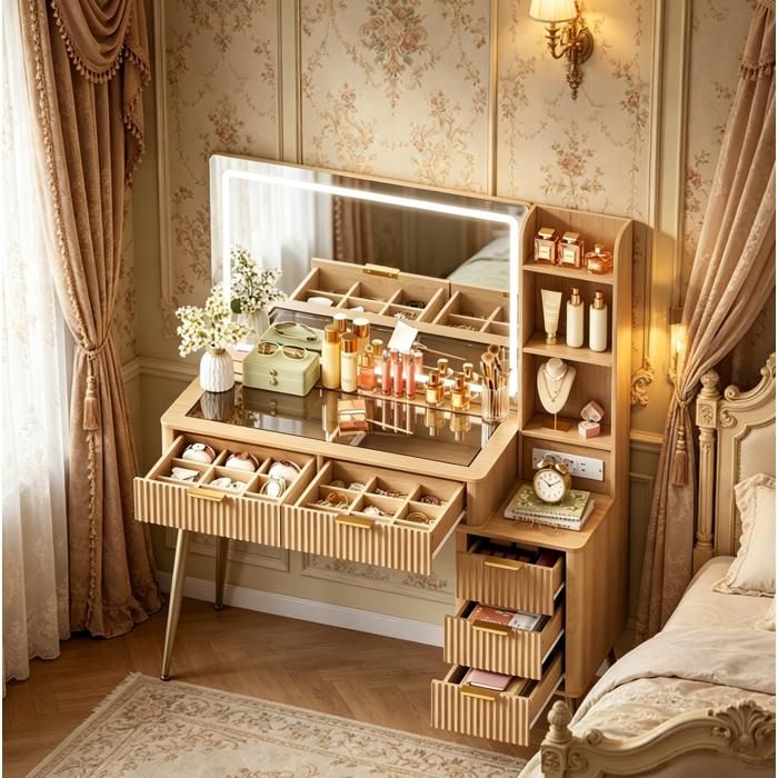 SENVIRO Coiffeuse grand miroir 90 x 60 cm 40 x 117 x 137 cm LED 3 températures verre trempé station de charge bois jaune