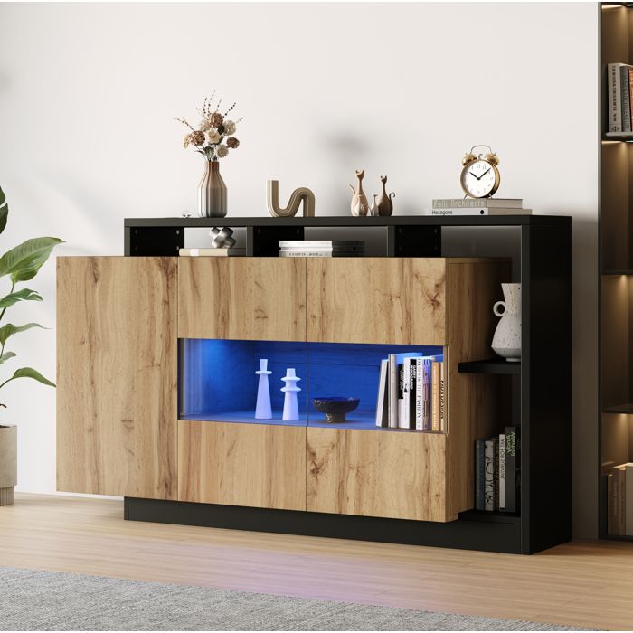 Buffet LED moderne avec éclairage RGB 16 couleurs contrôle Bluetooth rangement MDF aspect bois et noir ORVRYN