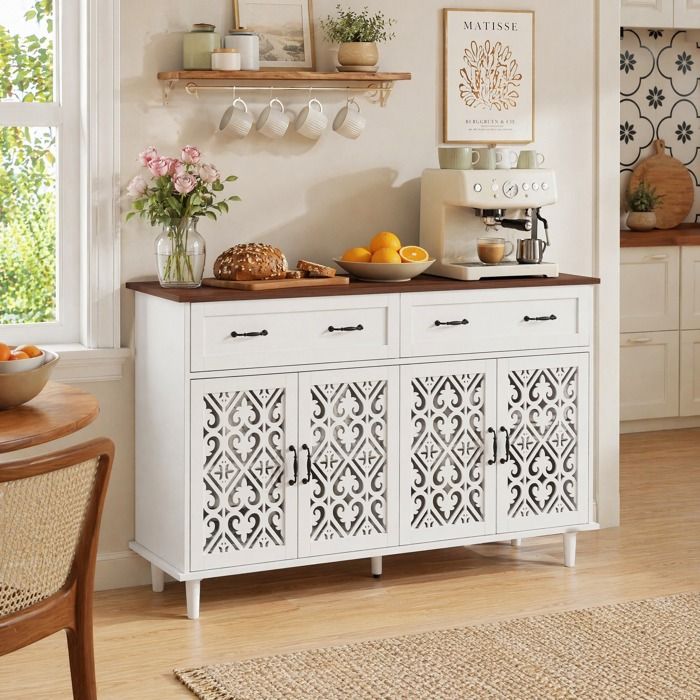 Buffet bas vintage 4 portes 2 tiroirs blanc en panneaux de particules avec étagères réglables JOINERY