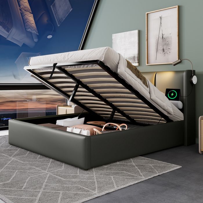 Lit Coffre 180x200 - avec LED et USB - Sommier Relevable - en PU Gris - 206 × 185 × 105 cm Lit Coffre 180x200 - avec LED et USB - Sommier Relevable - en PU Gris - 206 × 185 × 105 cm
