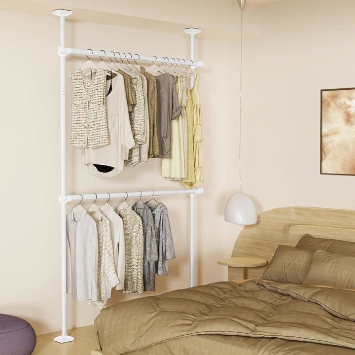 Tringle à vêtements télescopique extensible et réglableTringle de suspension pour garde-robe sans perçage 227-312 cm H 71-138 cm