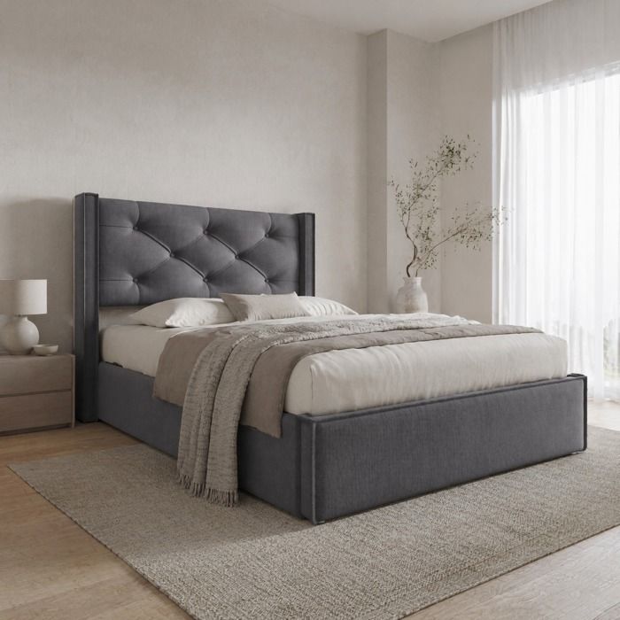 Lit coffre 90x200 gris capitonné avec sommier à lattes relevable rangement et cadre en coton pour chambre adulte ORVRYN