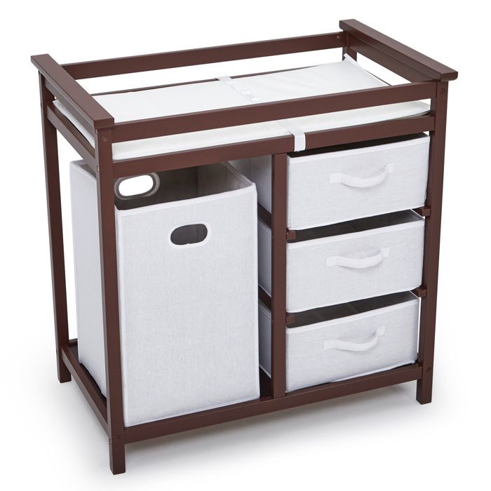 Table à Langer Bébé en Bois Massif BALOVEBY Meuble de Chambre Bébé Multifonction Panier à Linge et 3 Tiroirs Rangement Marron