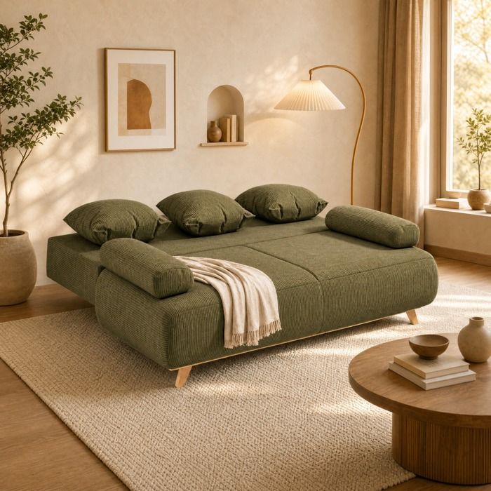 Canapé convertible 2 places – velours côtelé vert foncé – coffre de rangement – coussins inclus