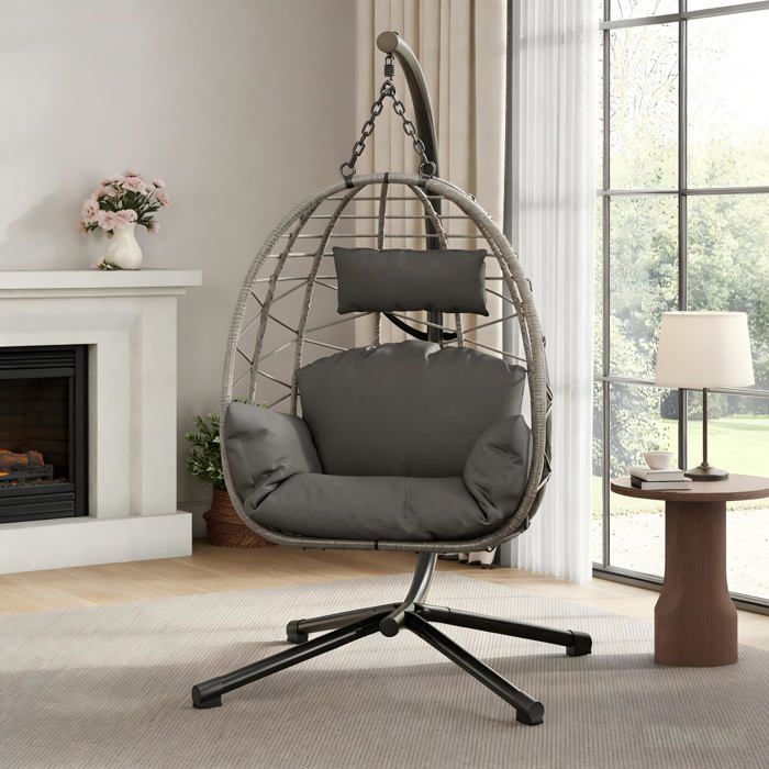 Fauteuil suspendu rotin PE gris intérieur extérieur support métal charge 150 kg coussin housse anti‑poussière