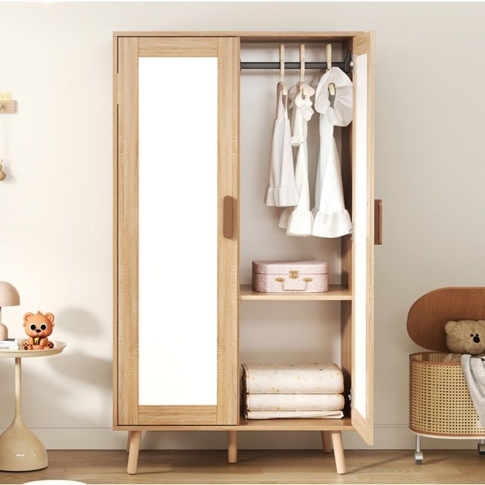ROVRYN Armoire enfant 2 portes avec miroir tringle et étagère MDF blanc aspect bois 80 x 46 x 141 5 cm