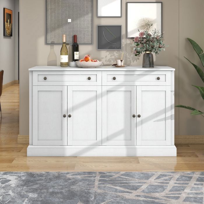 Grand Buffet Bas Salon avec 4 Portes 2 Tiroirs Meuble de Rangement Moderne pour salle à manger Chambre 150x40x86cm Blanc Antique