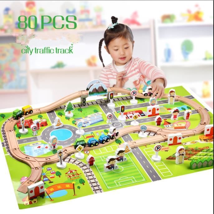 Train en Bois Jouet Circuit Voiture Enfant 80 Pcs Maquette