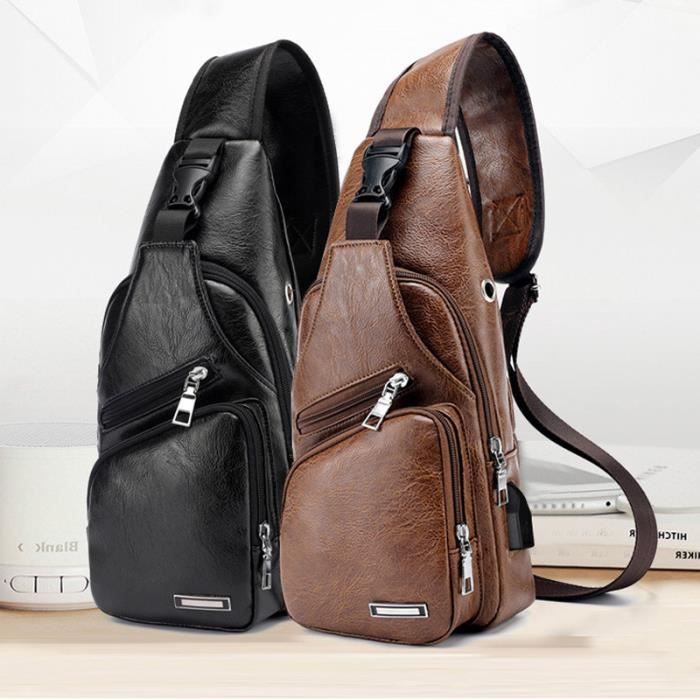 Sac de Poitrine Homme USB et Port de charge Sac Rétro en Bandoulière en PU Cuir Vntage D'affaire Poche pour Voyage Randonnée Sport -