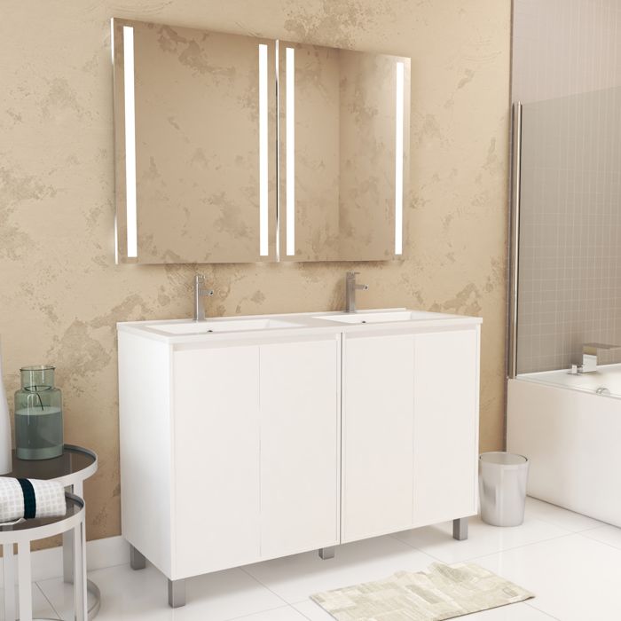 Meuble Salle de Bains 120 cm Laqué Blanc 4 Portes Vasque Miroirs 60x80 à Leds intégrées - XENOS