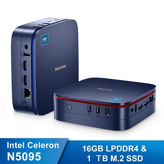 Mini PC Blackview MP60 Intel N5095 2.9 GHz Windows 11 Pro16 Go LPDDR4 / 1 To SSD Mini Ordinateur de bureauWi-Fi 2.4G+5G – Bleu