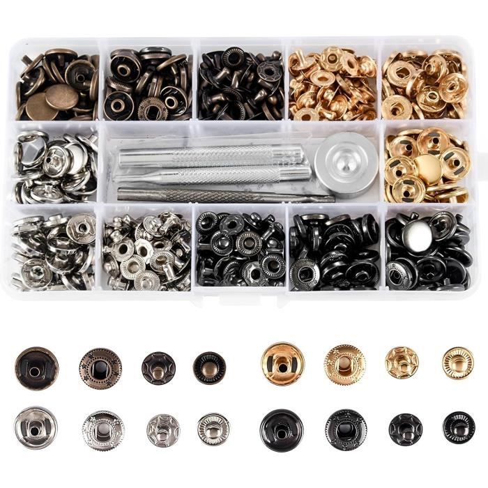 Boutons Pression Métalliques SUNAROC 15mm - Lot 100 Sets Avec Pince 4 Coloris