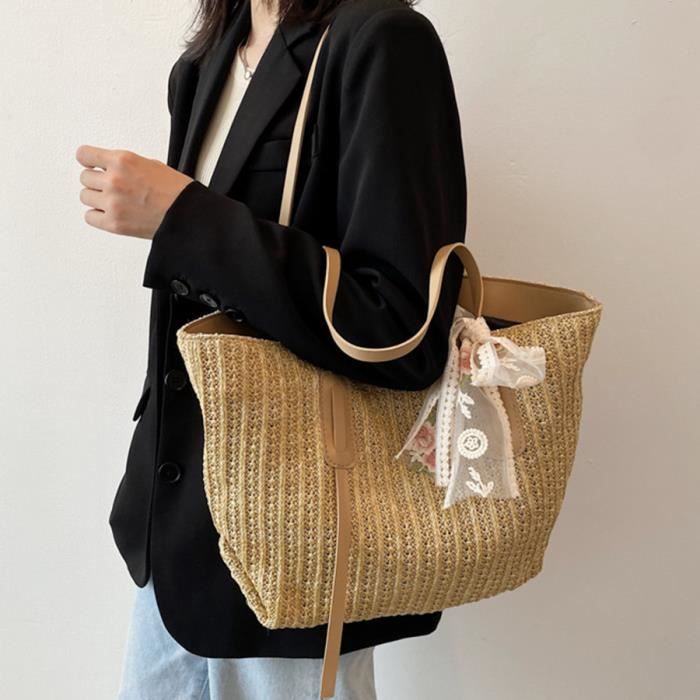 Sac de Plage d ete Pour Femme en Paille Sac Bandouliere a Porter a l epaule Pour le Voyage et Les Vacances Kaki Kaki Cdiscount Bagagerie Maroquinerie