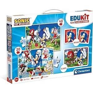 Clementoni - Edukit - Sonic - Coffret apprentissage 4 en 1 - 2 puzzles 1 mémo 1 jeu de 6 cubes - Fabriqué en Italie -Dés 4ans