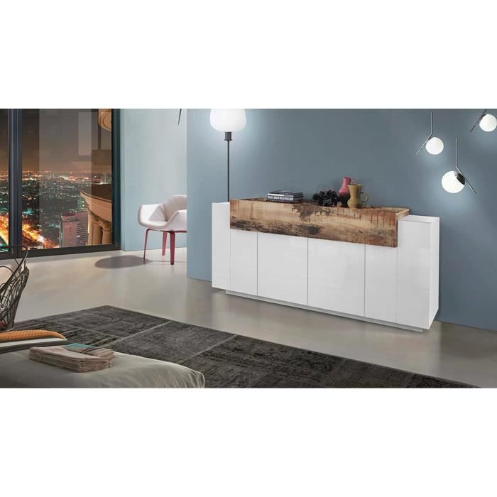 buffet de cuisine à 4 portes loris - dmora - blanc brillant et érable - 200x45h86 cm