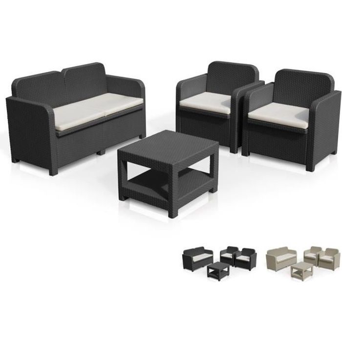 salon de jardin grand soleil sorrento en poly rotin table basse fauteuils pour exterieur 4 places, couleur: noir