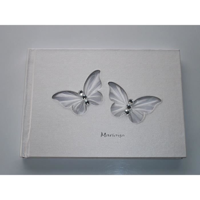 Livre D'Or Mariage Modèle" Papillon" Satin Perle Blanc NEUF 