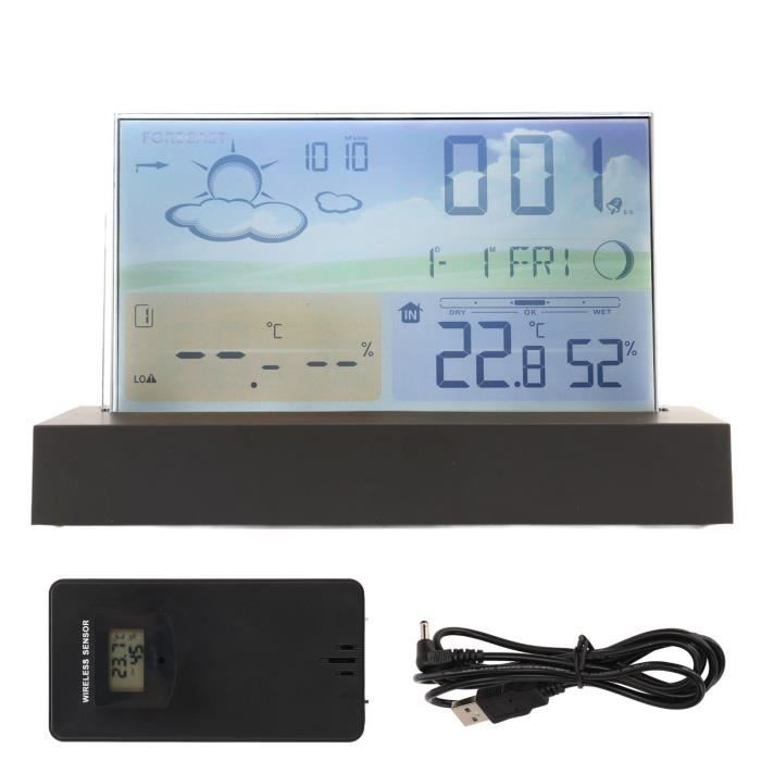 Horloge Réveil Météo Qcwwy – Affichage Température, Humidité, Date, Semaine – Rétroéclairage Tactile/vocal – Alimentation Piles AAA (non Fournies) – Noir, Dimensions ~14.7x9x2.5 Cm