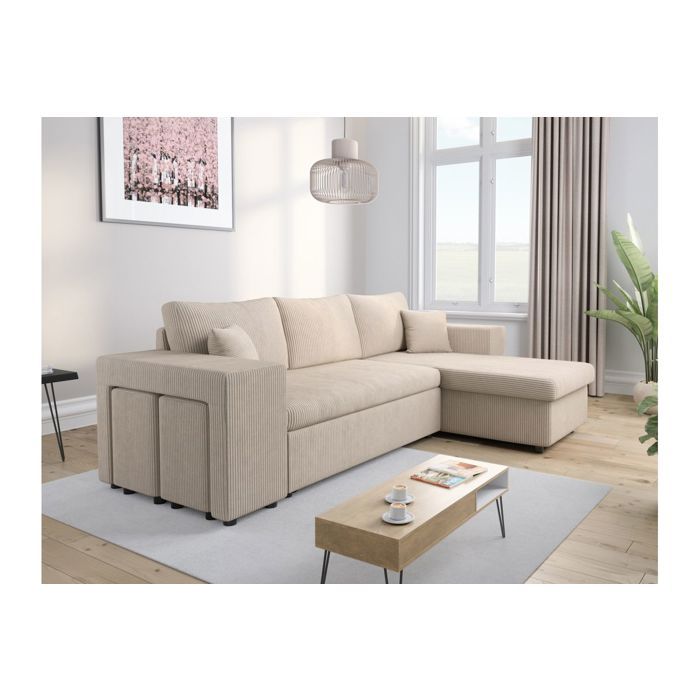 Canapé dangle réversible MADY avec coffre rangement poufs à gauche en velours côtelé - Beige - L254 x P146 x H81cm - LOUNGITUDE Canapé dangle réversible MADY avec coffre rangement poufs à gauche en velours côtelé - Beige - L254 x P146 x H81cm - LOUNGITUDE