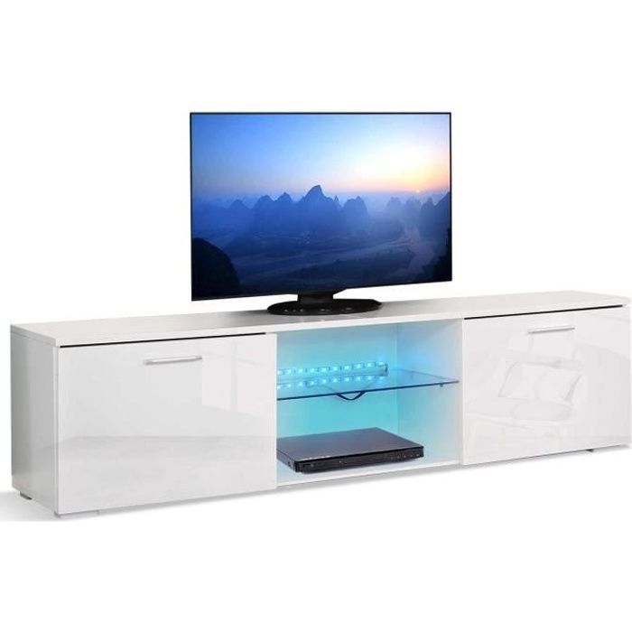 Meuble TV-Support de Télévision avec Bandes Lumineuses LED - MONDEER - Blanc - 2 portes - 2 étagères