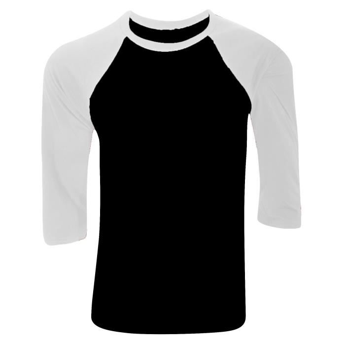 T shirt baseball homme BELLA CANVAS manches 3 4 noir blanc