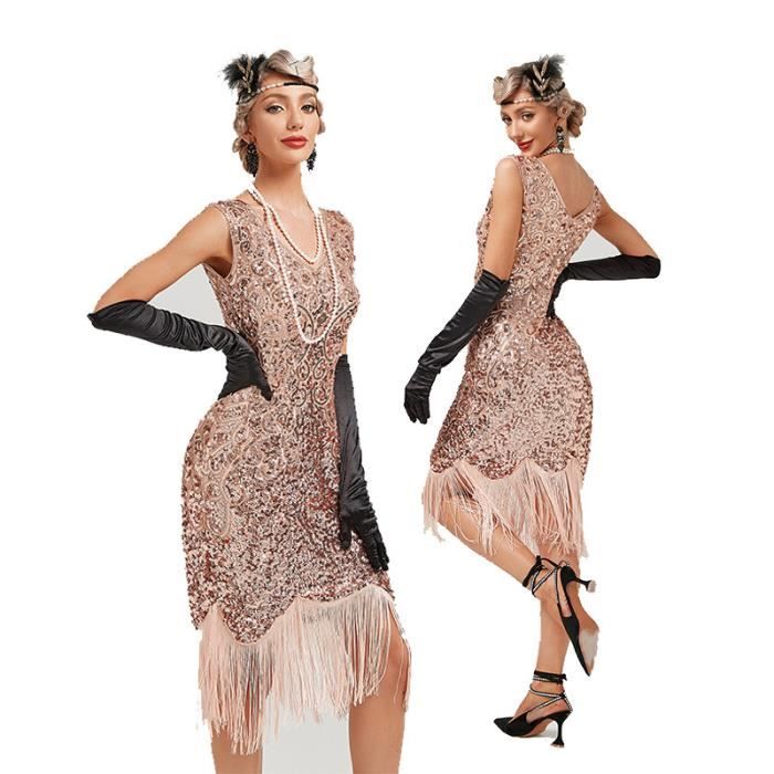 Robe Déguisement Femme Année 20 Charleston Vintage Rétro Franges Paillettes  Col V Robe Soirée Bal Cocktail Cérémonie XS-3XL Rose