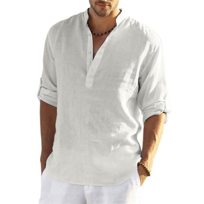 Converse Homme Enlision Chemise Homme Lin Henley - Manches Longues, Style Décontracté Chemise été Col Mao