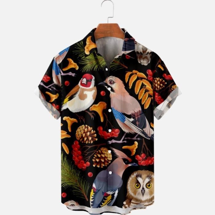 Chemise Hawaienne Homme INSFITY Imprime Perroquet Manches Courtes Noir Grande Taille