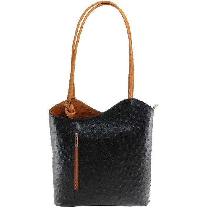 Sac ?� main femme en cuir noir cognac - Cdiscount Bagagerie - Maroquinerie