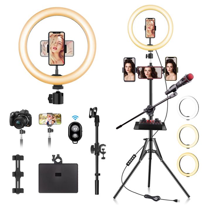 10" Ring Light avec Trépied, 210cm Trépied Smartphone Professionnel,LED Lumière pour Maquillage Smartphone Camera Vlog