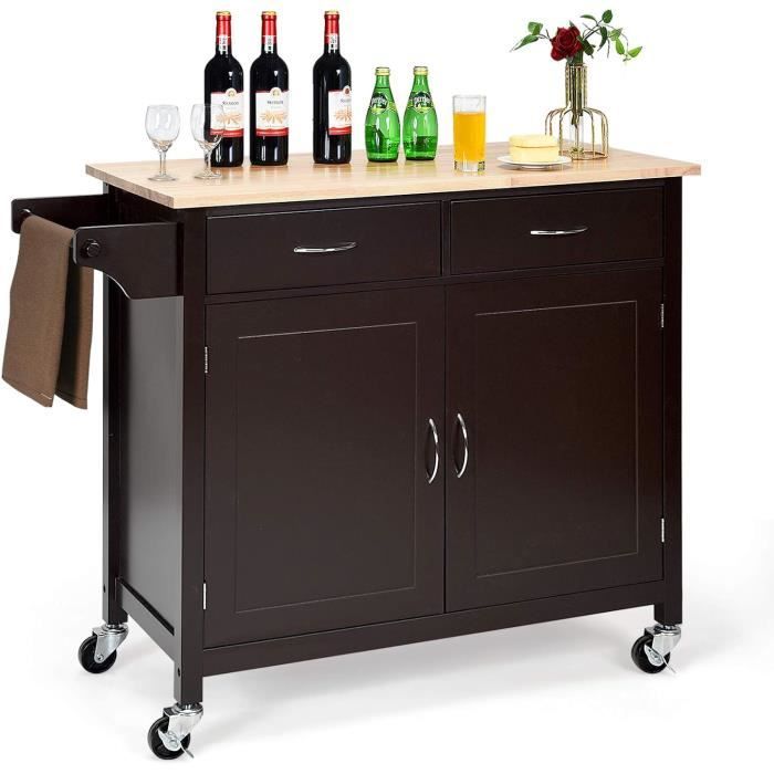 Giantex Desserte à Roulettes Cuisine - Îlot Avec Placard 2 Portes, 2 Tiroirs Et Support Épices Blanc