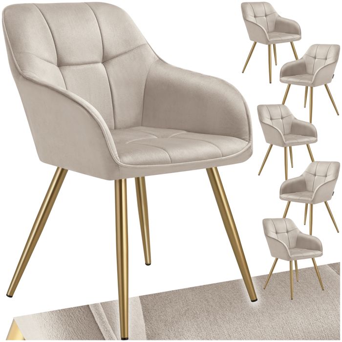 Chaise - TECTAKE - Lot de 6 chaises MARYLIN effet velours capitonné rembourrée et pieds acier doré 58 x 62 x 82 cm - Taupe/Or