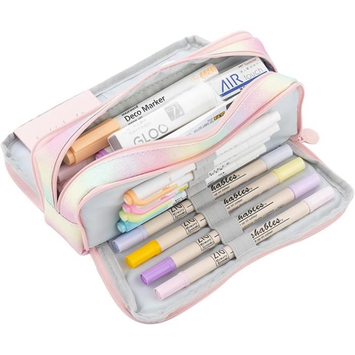 Trousse à Crayons Grande Capacité Motif Chat Adorable - Rose Avec Autocollants Et Badges Pour Filles Et Garçons